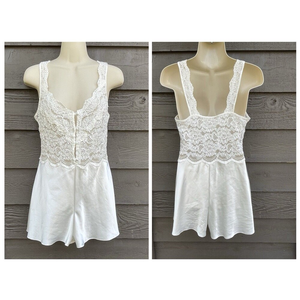 VTG St Michael Teddy Playsuit Ivory Lace Satin Romper UK 12 Romantic Boudoir